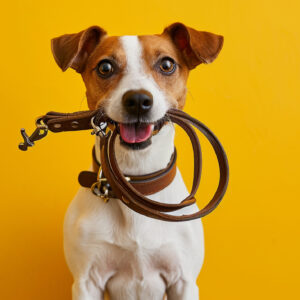 Cute Dog Jack Russell terrier holding pet leash in mouth ready to go for walk on color yellow background with copy space. Traveling with pets concept, pets love, animal life, humor. Ready to travel.