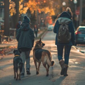A serene autumn evening on a neighborhood street, where a family walks their dogs, surrounded by fallen leaves, cozy homes, and the tranquility of the season.